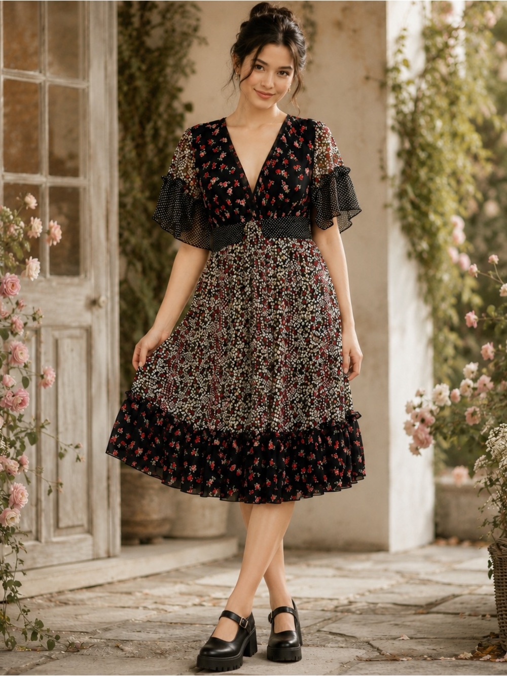 Y2K Whimsigoth Black Floral Mini Dress Flutter Sleeves Ruffle Hem Size 13/14